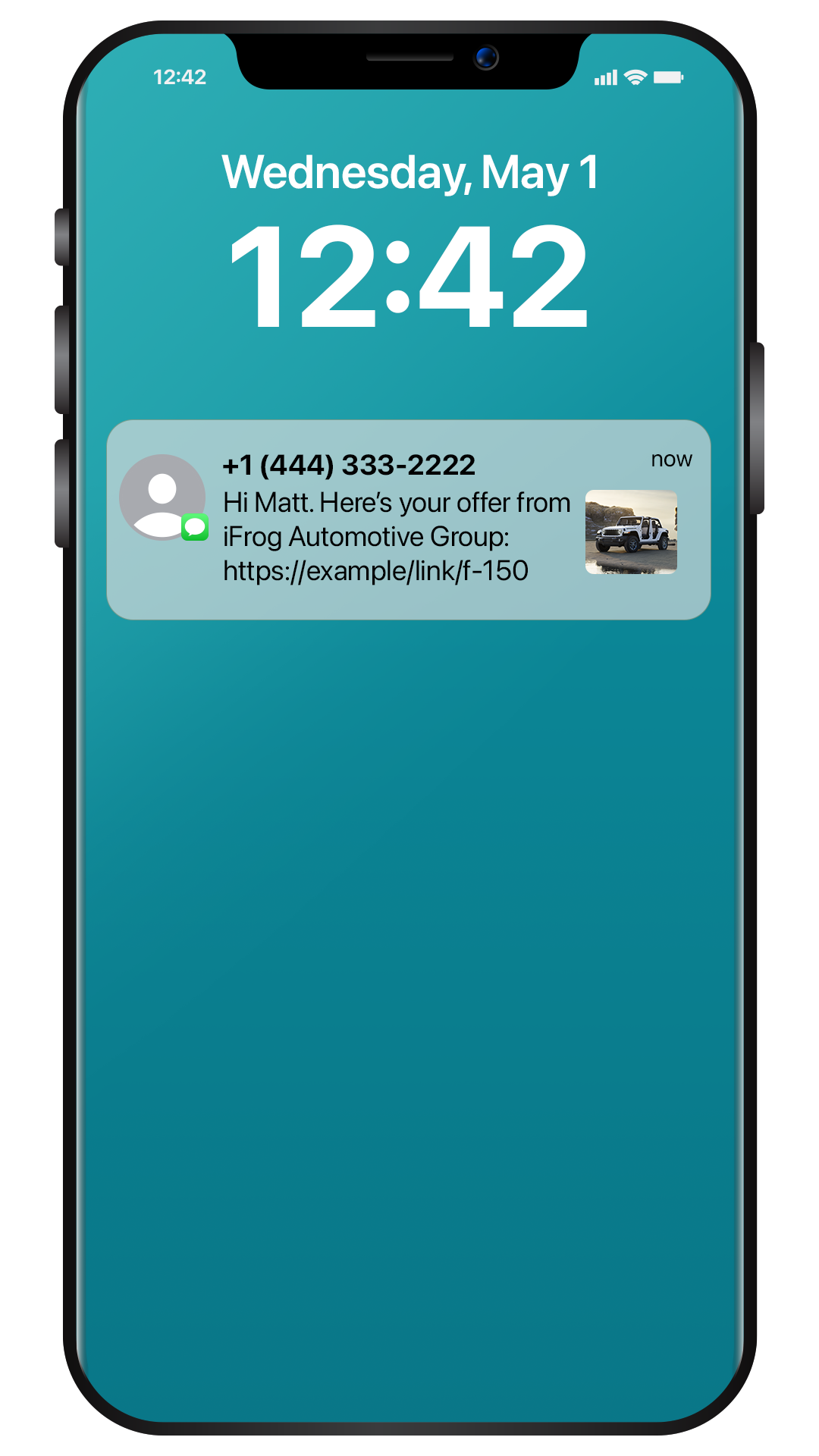 iQ:ReDirect text message arriving on a phone lock screen. It greets the shopper by name and sends a link to their offer from iFrog Automotive Group, with a thumbnail of the vehicle.