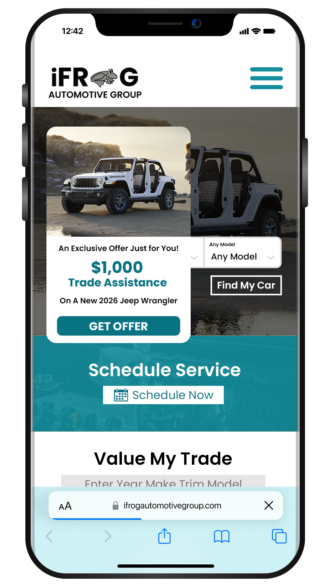 The dealership's own website on a phone, with a personalized overlay reading An Exclusive Offer Just for You, $1,000 trade assistance on a new 2026 Jeep Wrangler, and a Get Offer button.
