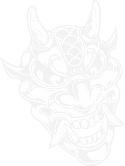 Intricate Japanese demon mask drawing with sharp features and stylized details