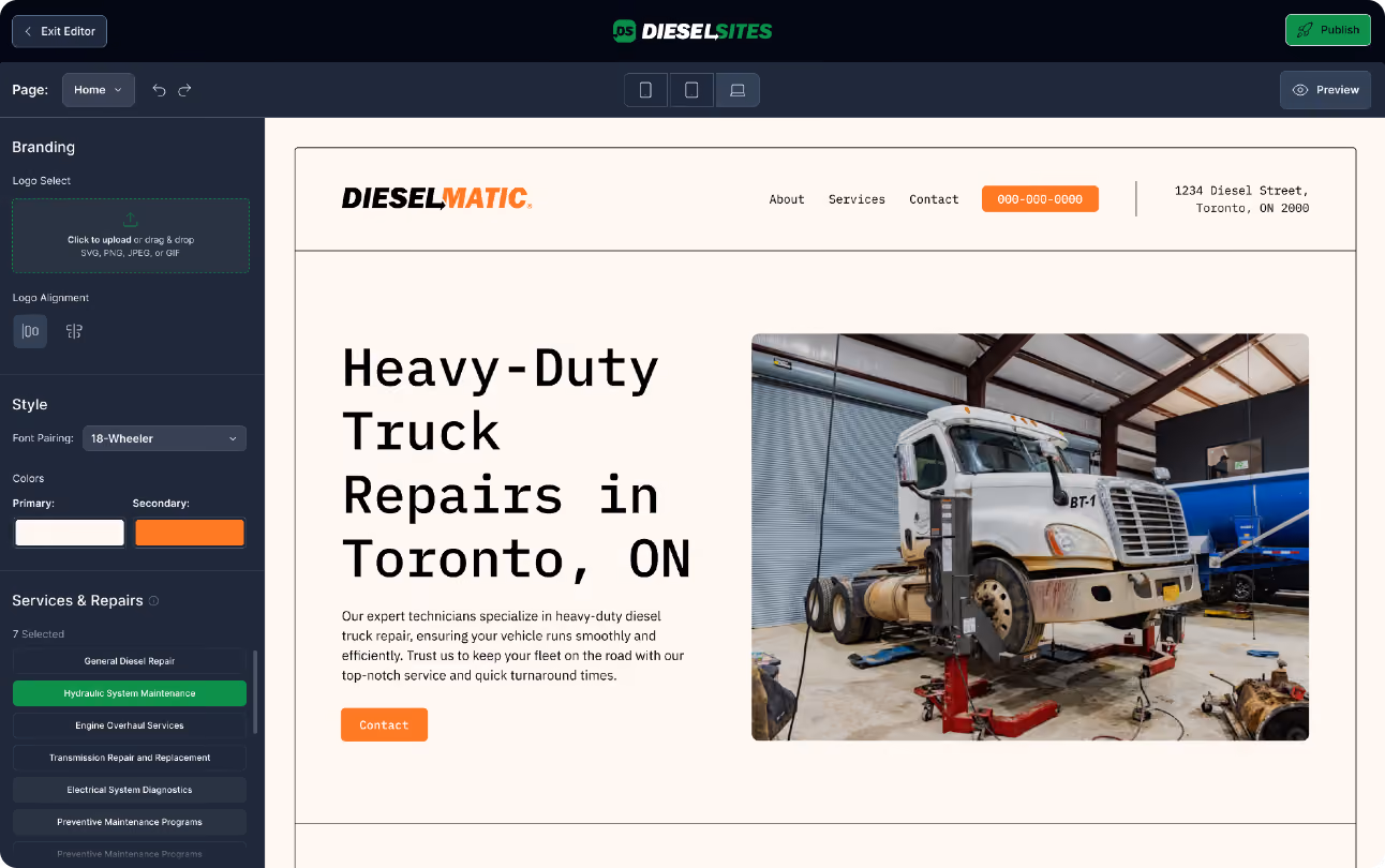 Webpage interface showing a diesel truck repair service branded as DIESELMATIC with a tagline 'Heavy-Duty Truck Repairs in Toronto, ON,' a brief description of expert diesel truck repair services, and a photo of a heavy-duty white truck elevated on jacks inside a garage with tools and equipment around.