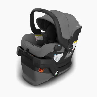 UPPAbaby Mesa V3 infant car seat in black with adjustable canopy and five-point harness.