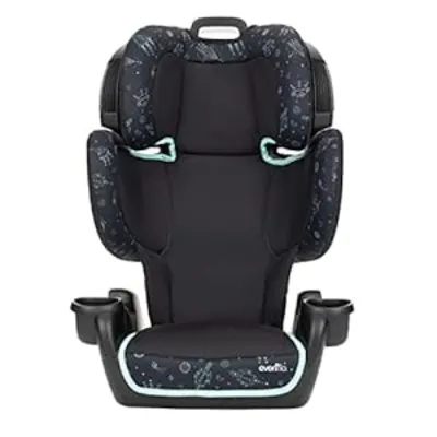 Evenflo GoTime LX high-back booster seat; compact contoured shell with adjustable headrest.