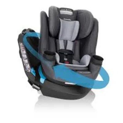 Reoby Evenflo convertible car seat with padded gray fabric, five-point harness, adjustable headrest.