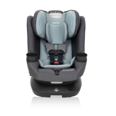 Reoby Evenflo convertible car seat, charcoal-gray fabric, five-point harness, adjustable headrest.