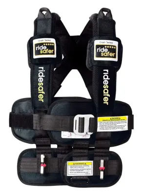 RideSafer Travel Vest, no-back booster vest positioning adult seat belt across child's chest.