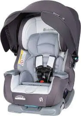 Gray patterned cover for Baby Trend convertible car seat with padded harness and head support