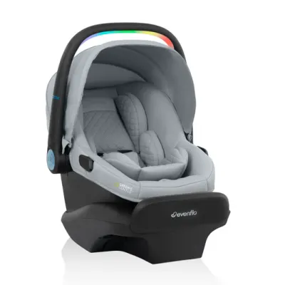 Evenflo Litemax NXT SensorySoothe infant car seat — rear-facing, cushioned sensory fabric, adjustable handle.