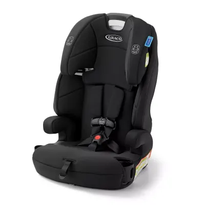 Graco Tranzitions forward-facing harness-to-booster car seat, padded adjustable headrest, gray and black.