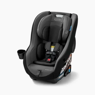 Graco Contender Slim convertible car seat with slim profile, padded headrest, five-point harness.