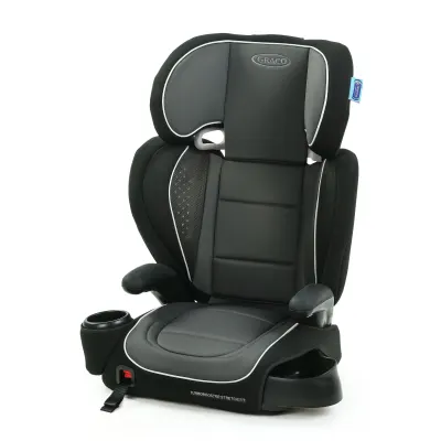Graco TurboBooster Stretch2Fit high-back booster car seat, gray fabric with side wings.