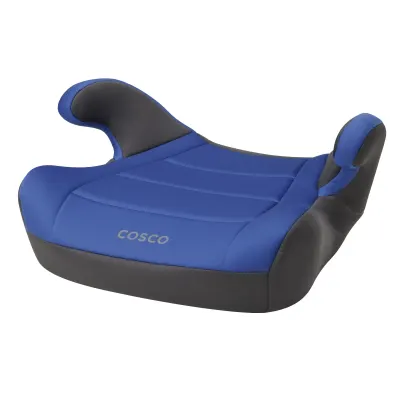 Riseby Cosco No-Back Booster car seat with padded fabric cover and contoured armrests.