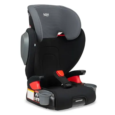 Highpoint by Britax high-back booster seat, sculpted shell, padded headrest and armrests.