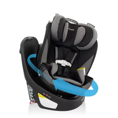 Evenflo Revolve Slim convertible car seat, compact profile, adjustable headrest and harness.