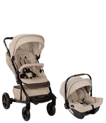 Infant travel system: detachable rear-facing infant car seat with matching stroller frame.