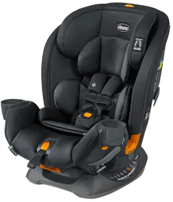 Chicco OneFit convertible car seat — padded five-point harness, adjustable headrest, gray fabric.