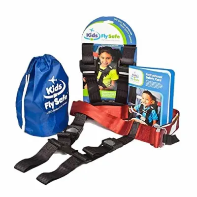 CARES child aviation restraint, forward-facing harness-to-booster, padded harness with airplane attachment straps.