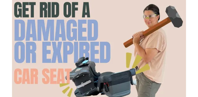 A man is holding a hammer and a car seat