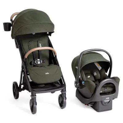 Nutmeg Joie Rue infant travel system: rear-facing infant car seat with detachable base.