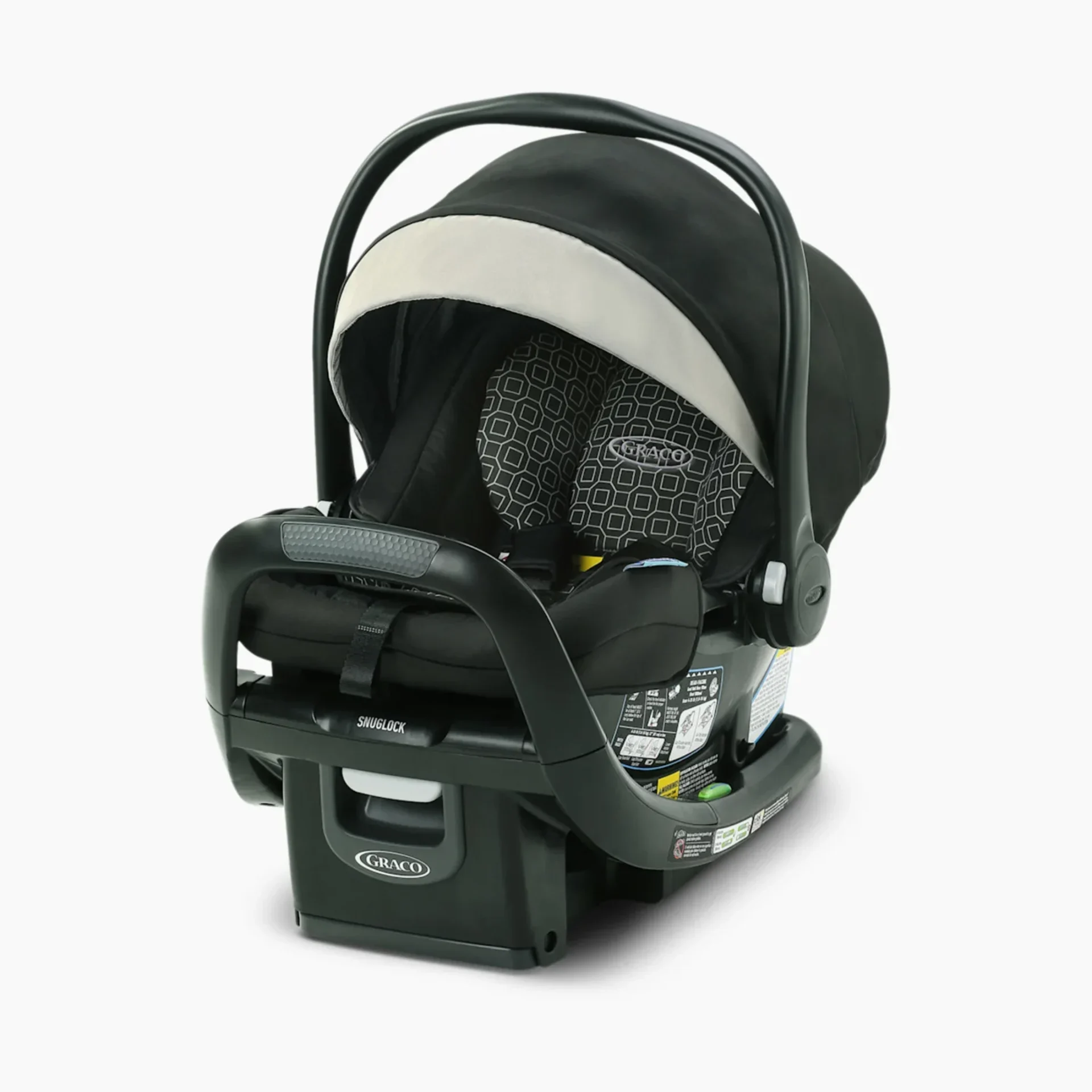 Graco SnugRide SnugFit LX infant car seat in black with white geometric patterned insert, SnugLock base, and extended canopy