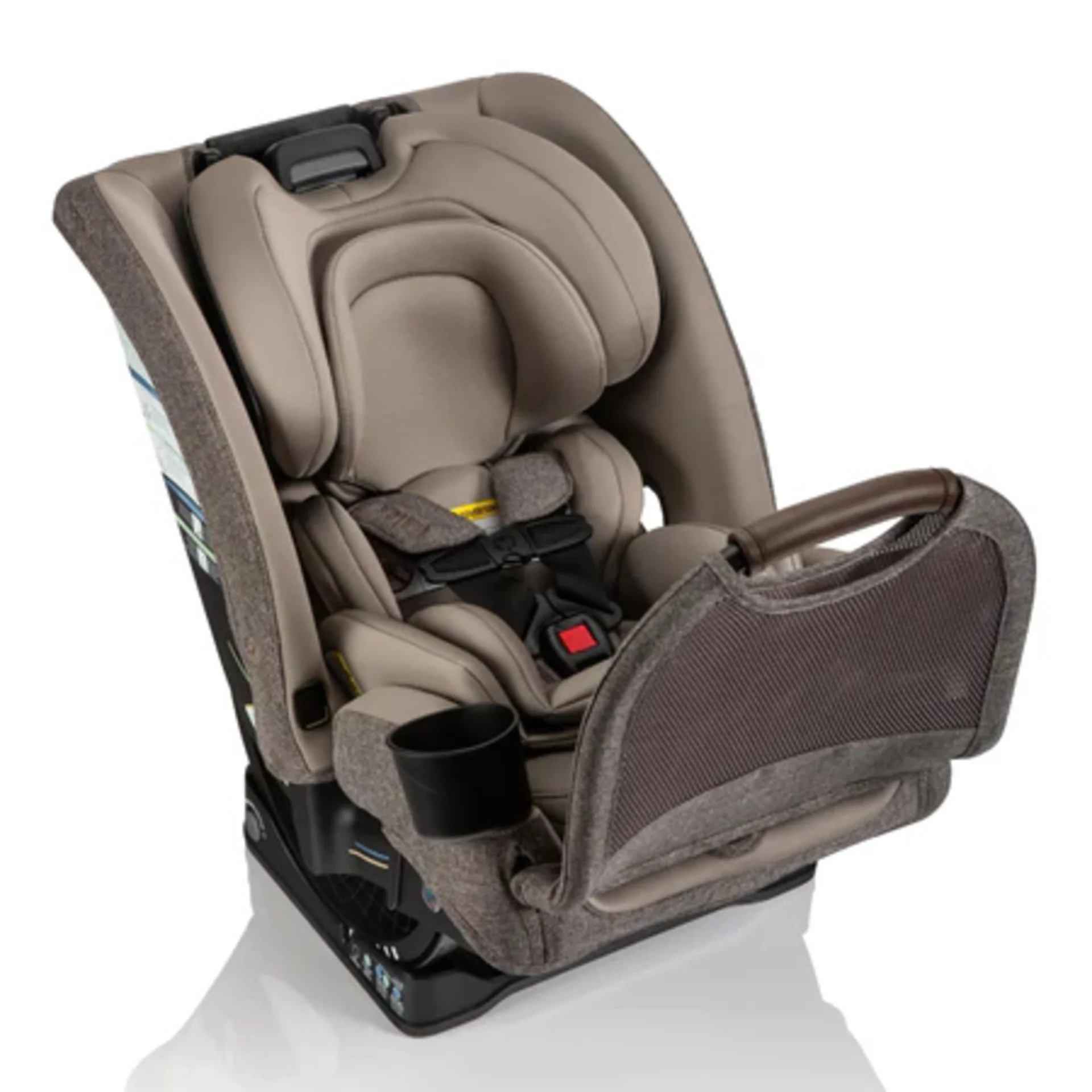 Romer Nexa convertible car seat in tan with five-point harness, cup holder, and side storage pocket on white background