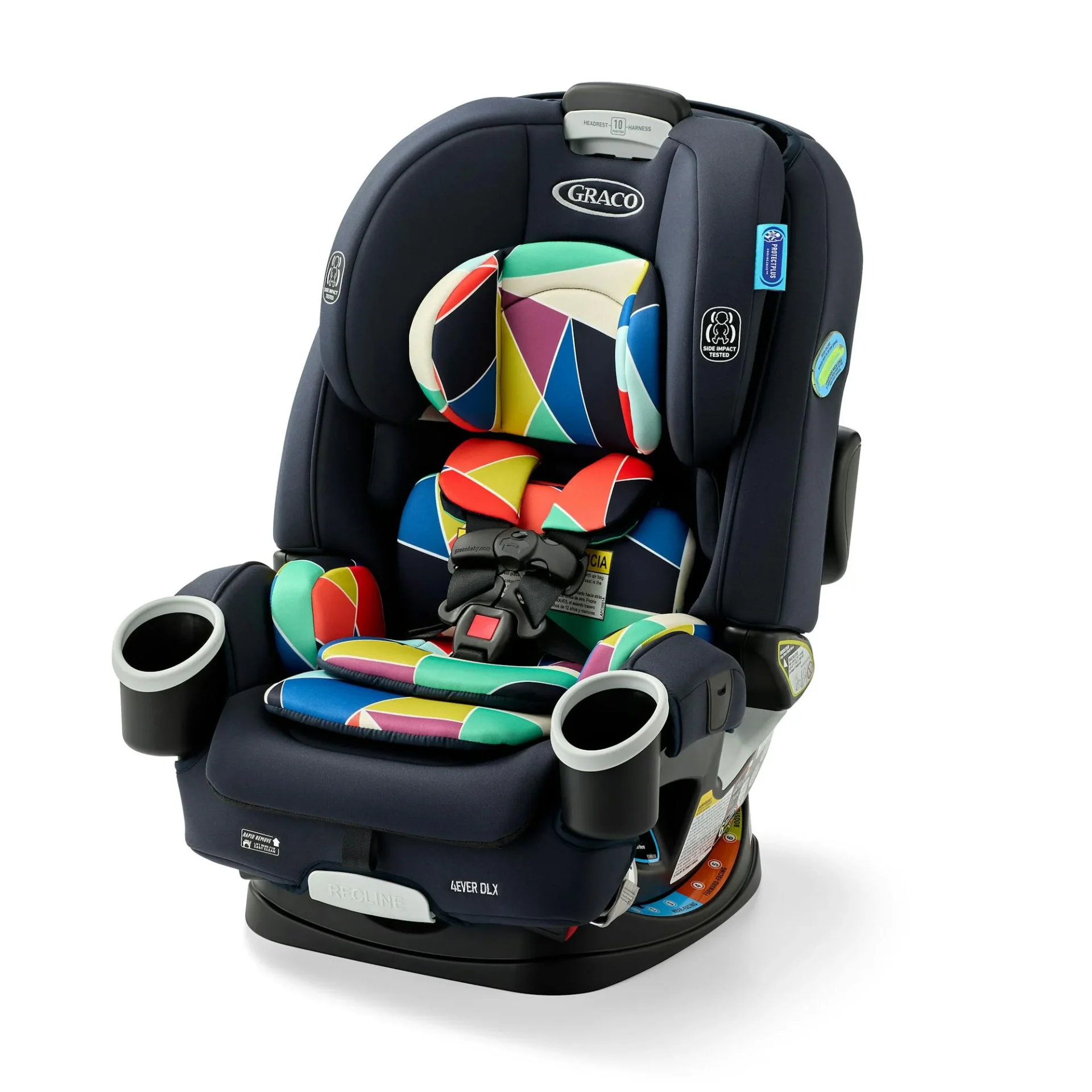 Graco 4Ever DLX convertible car seat in navy with vibrant multicolor geometric print and 5-point harness buckle and dual cup 