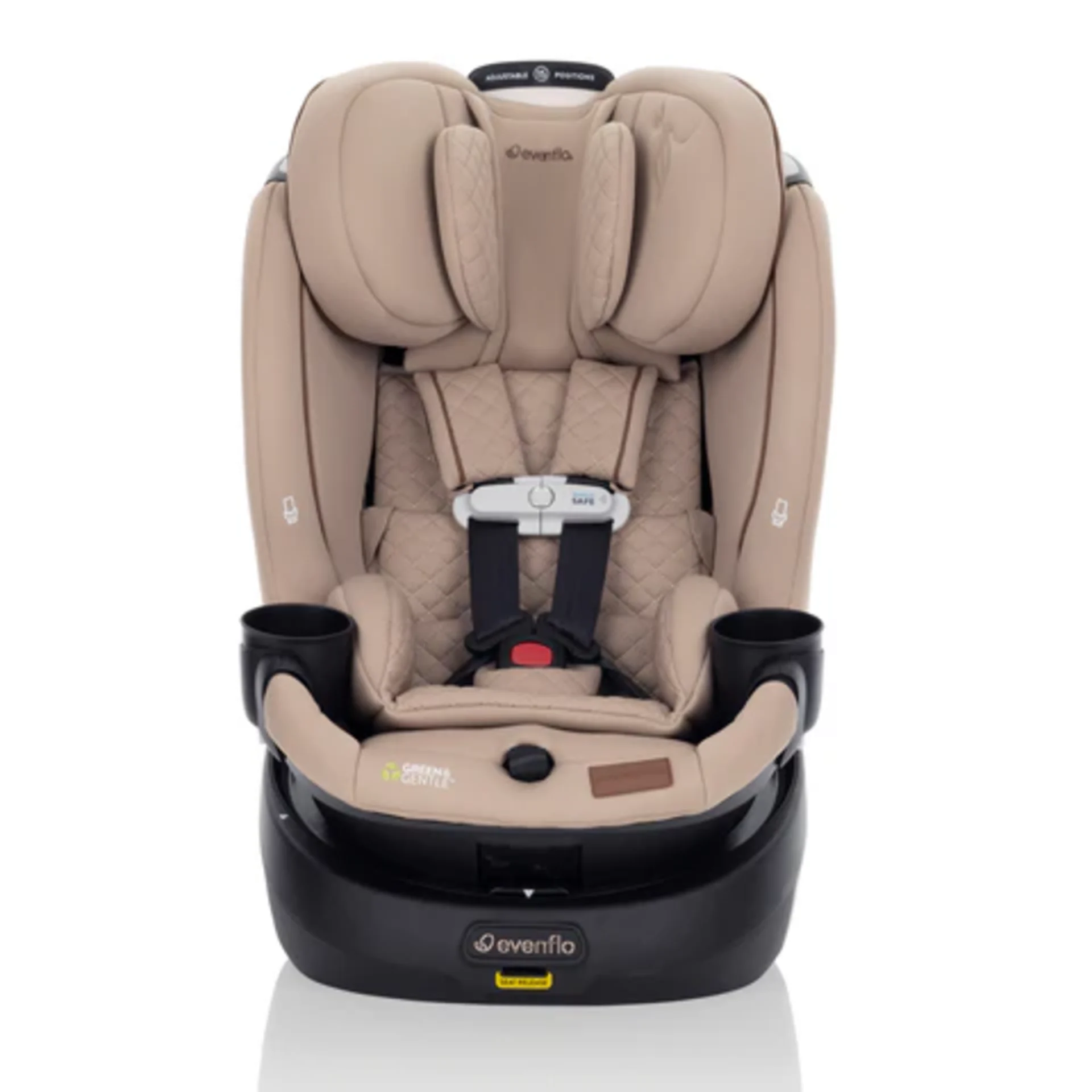 Evenflo Revolve Slim convertible car seat in beige tan with black base, 5-point harness, quilted padding, and cup holders