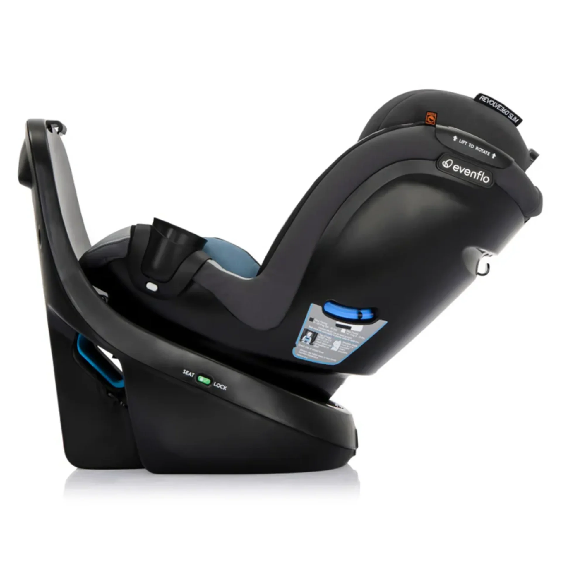 Evenflo Revolve360 Slim convertible car seat in dark gray and blue shown from the side with rotating seat and lock base