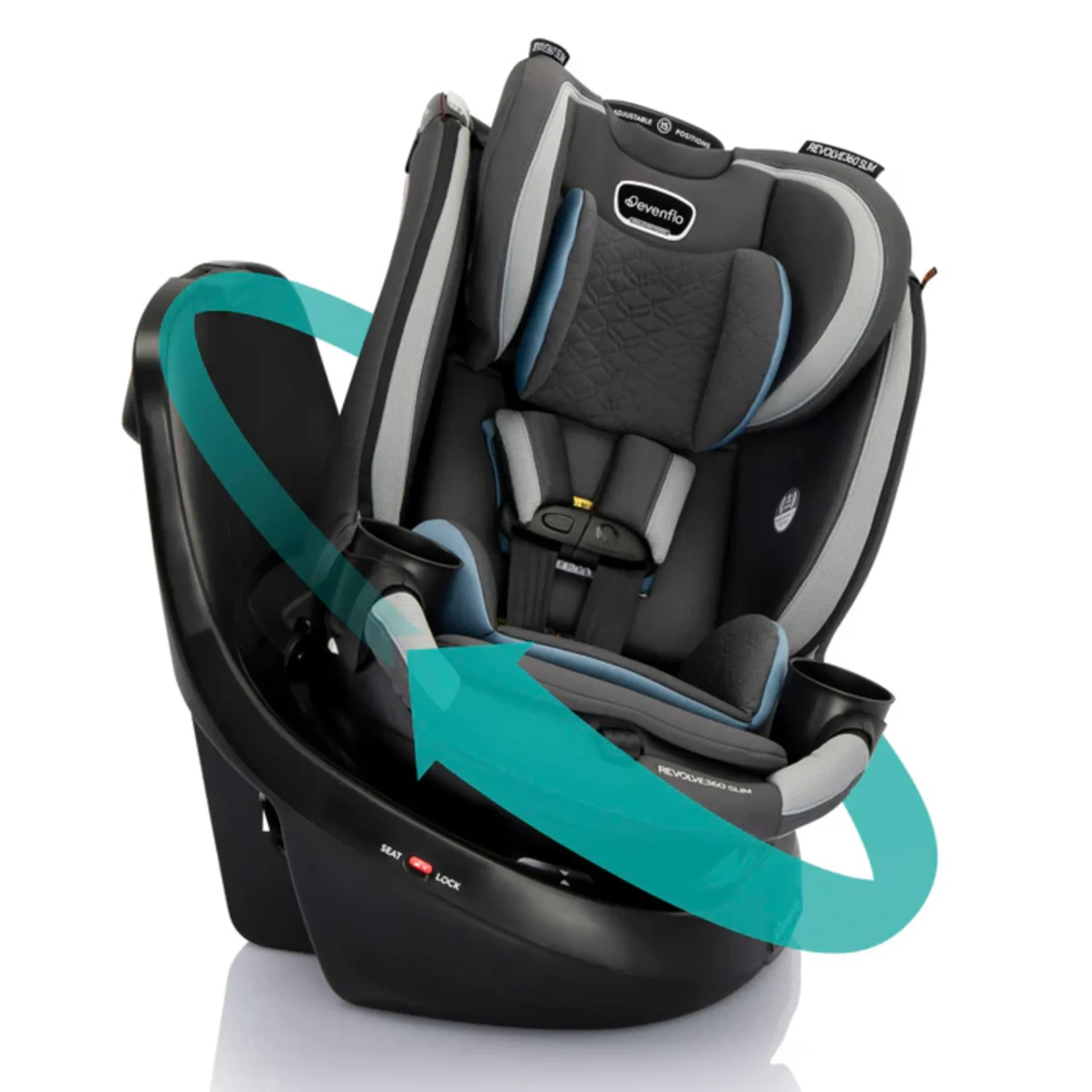 Evenflo Revolve360 Slim convertible car seat in gray and blue showing 360-degree rotation feature with teal arrow graphic