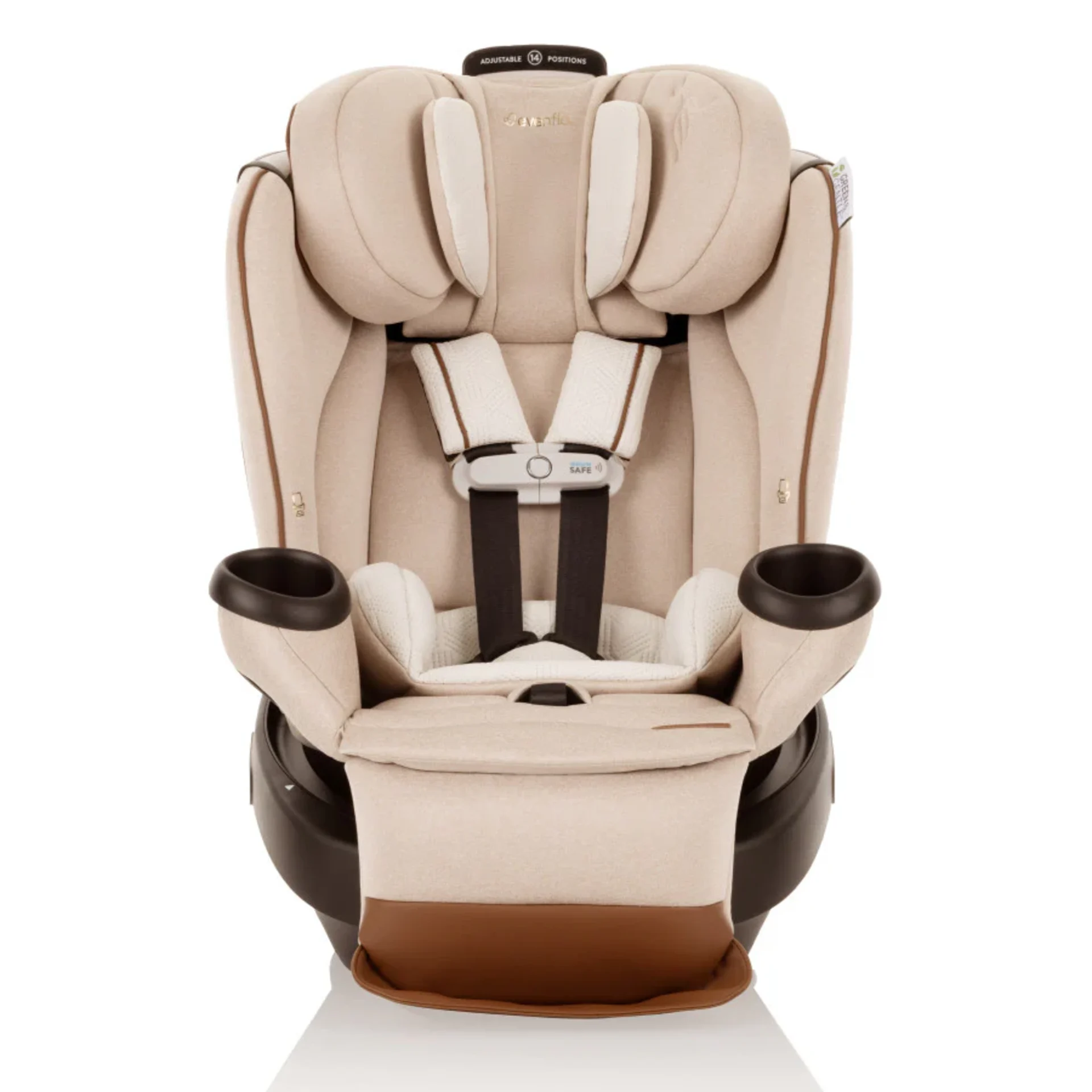 Evenflo Revolve Extend convertible car seat in beige and brown with 5-point harness adjustable headrest and dual cup holders