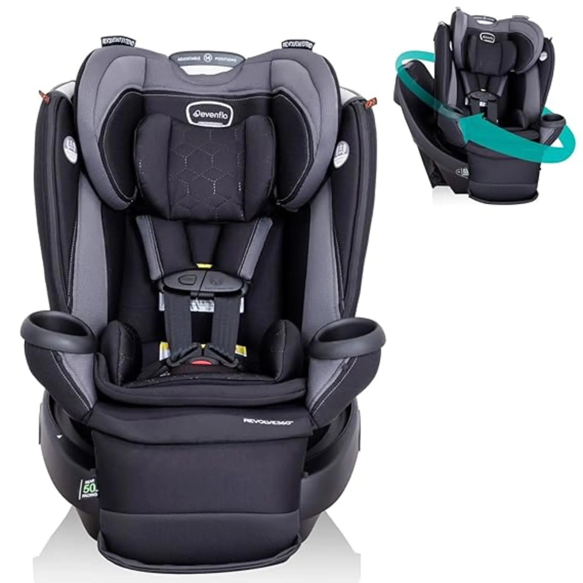 Evenflo Revolve360 Extend all-in-one convertible car seat in dark gray with 5-point harness and 360-degree swivel base featur