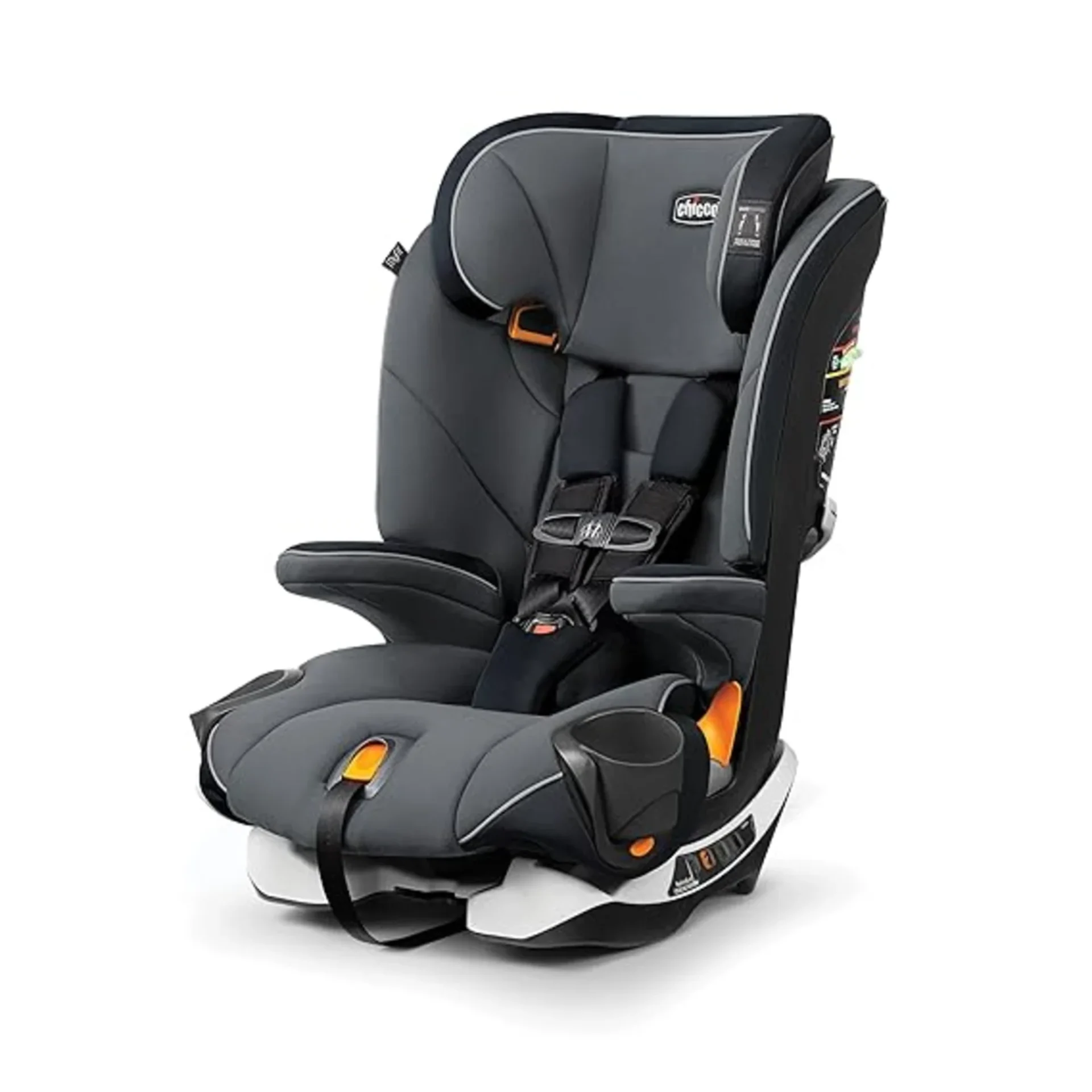 Chicco MyFit harness and booster car seat in black and gray with orange accents and 5-point harness buckle system
