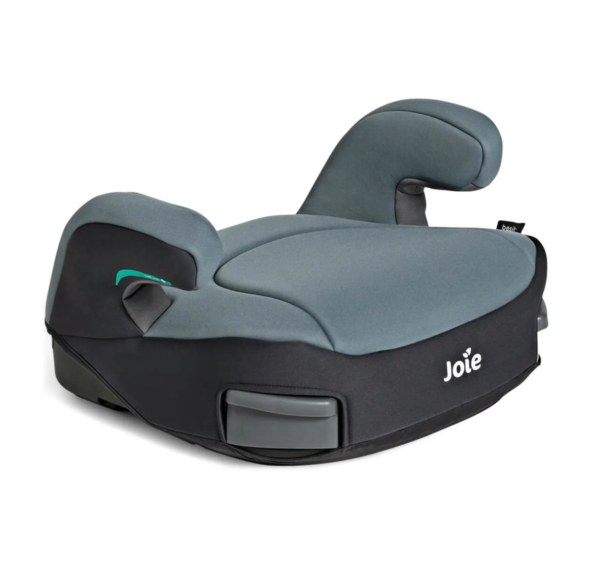 Joie Basil backless booster car seat in grey and black with armrests and teal seatbelt guide on white background
