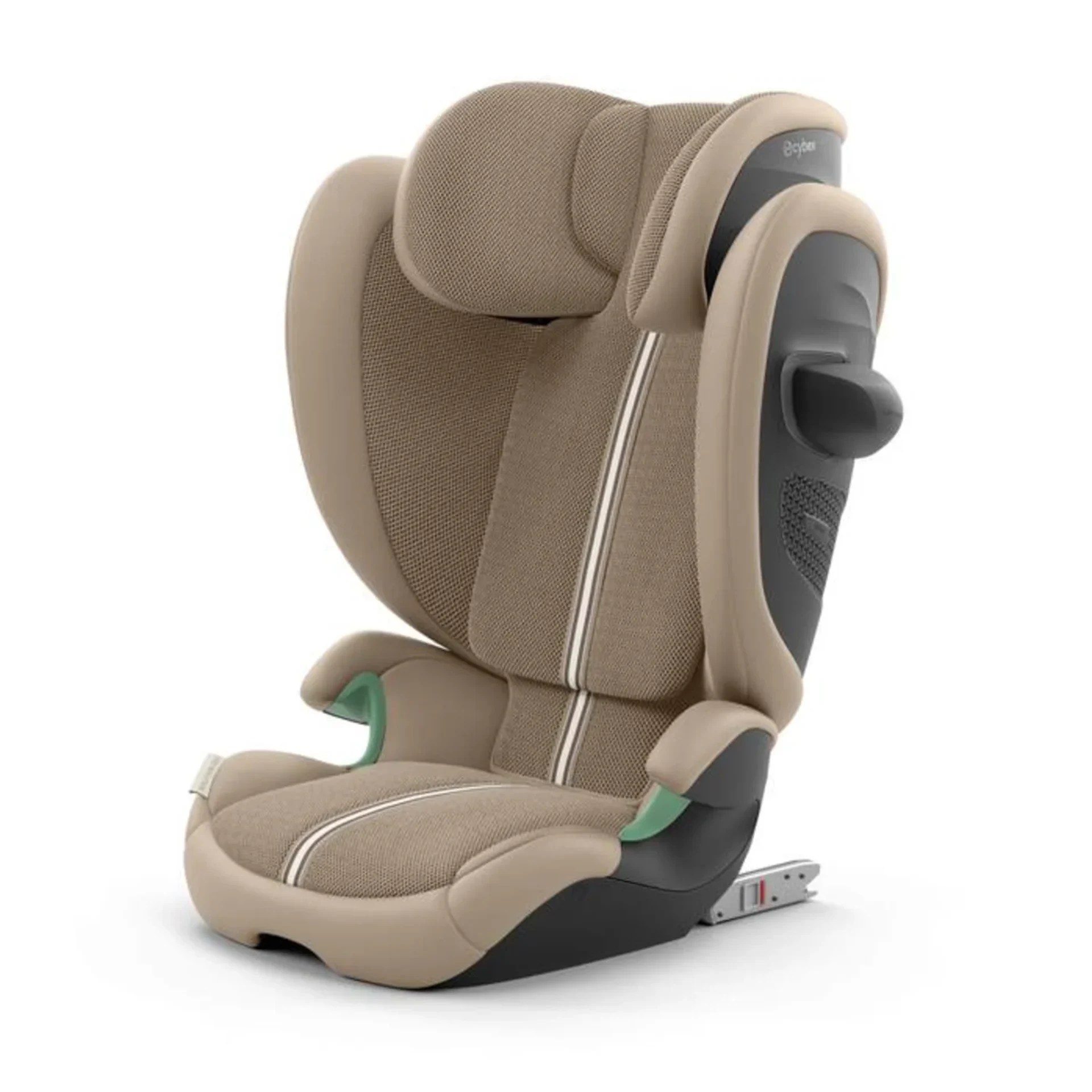 Cybex Solution G2 high-back booster car seat in almond beige with mesh fabric, green ISOFIX connectors, and adjustable headre