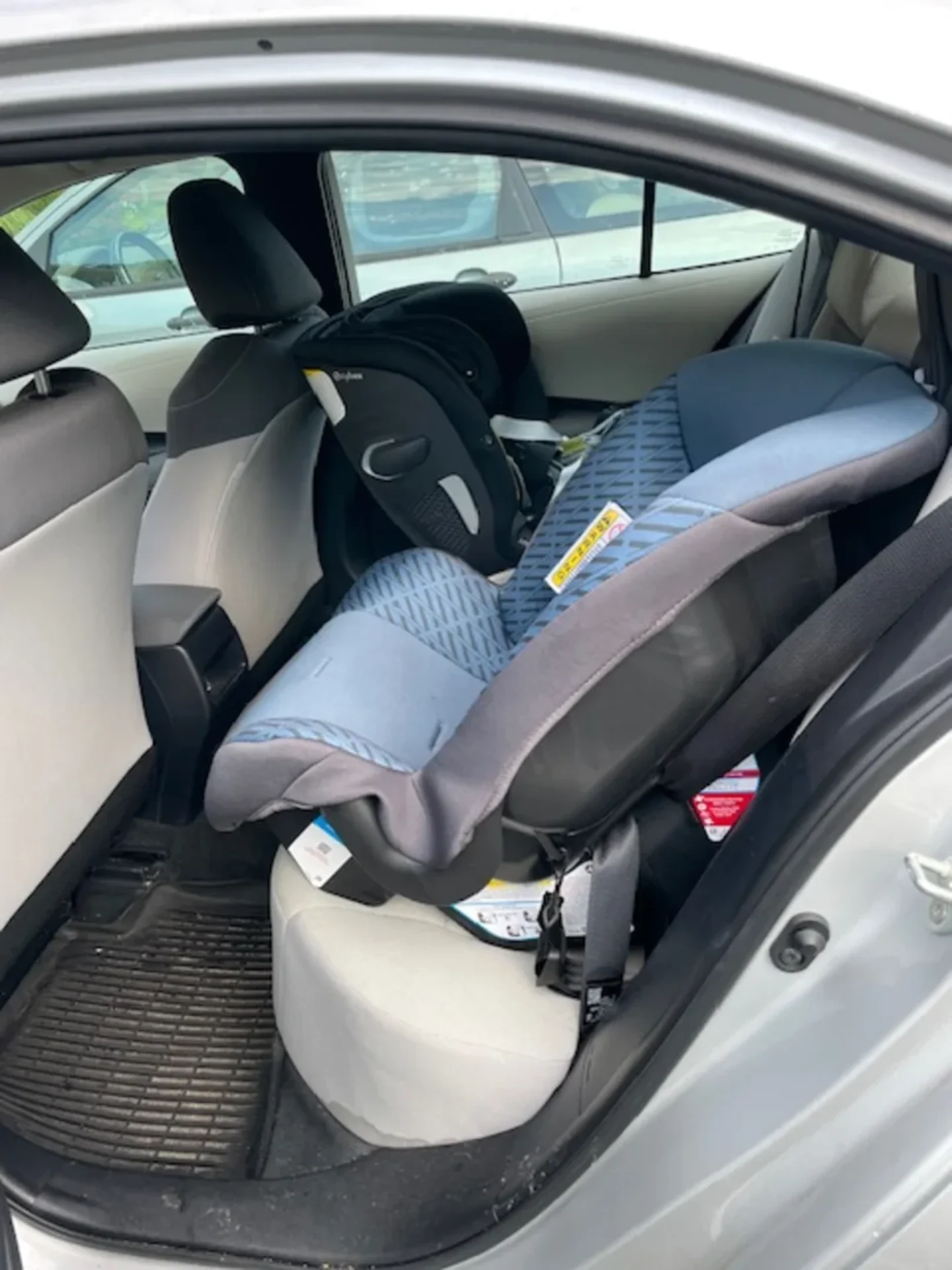 Cosco Scenera Extend convertible car seat installed rear-facing in the back seat of a silver sedan with blue and gray fabric