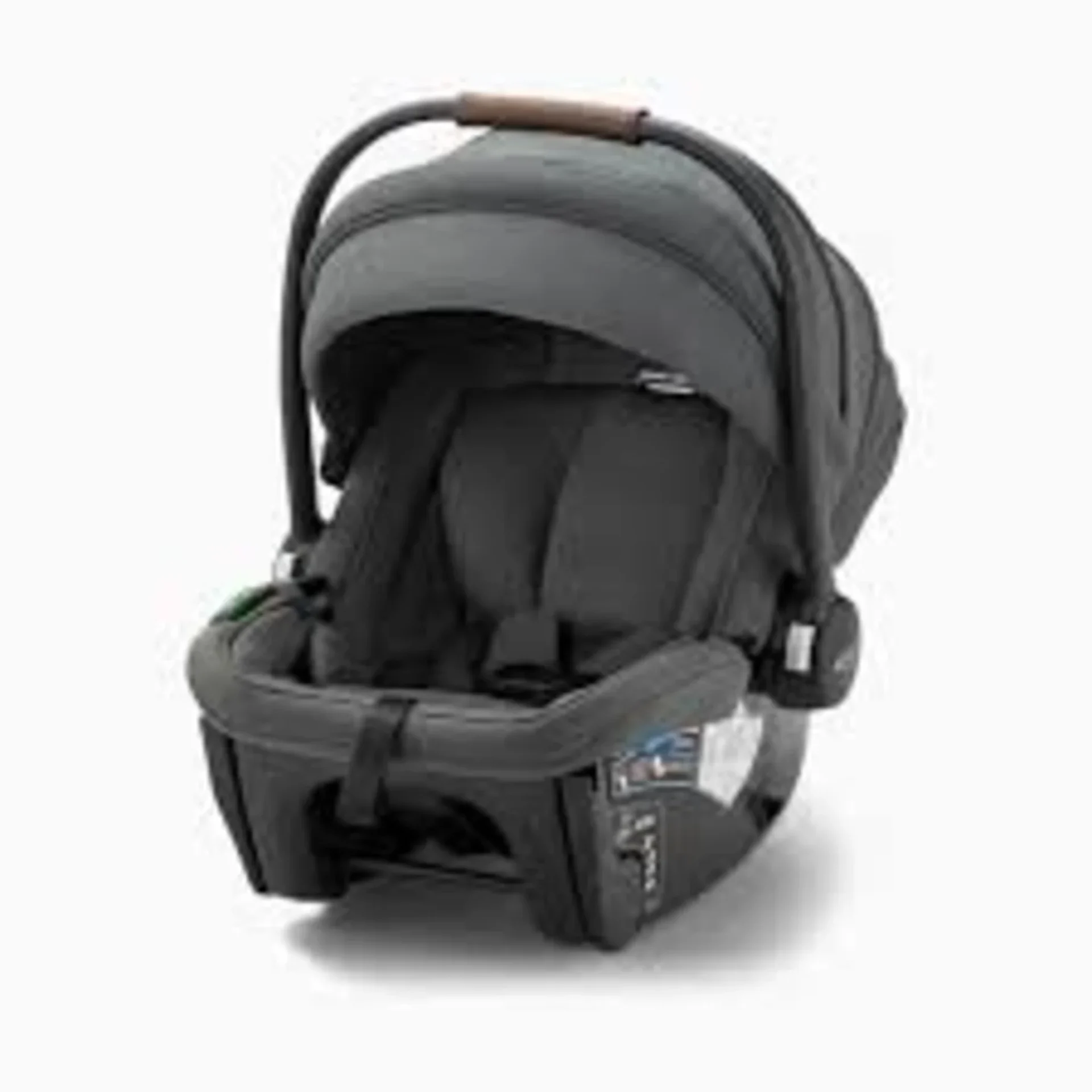 Graco GoMax baseless infant car seat in gray with canopy, carry handle with brown leather wrap, and 5-point harness system