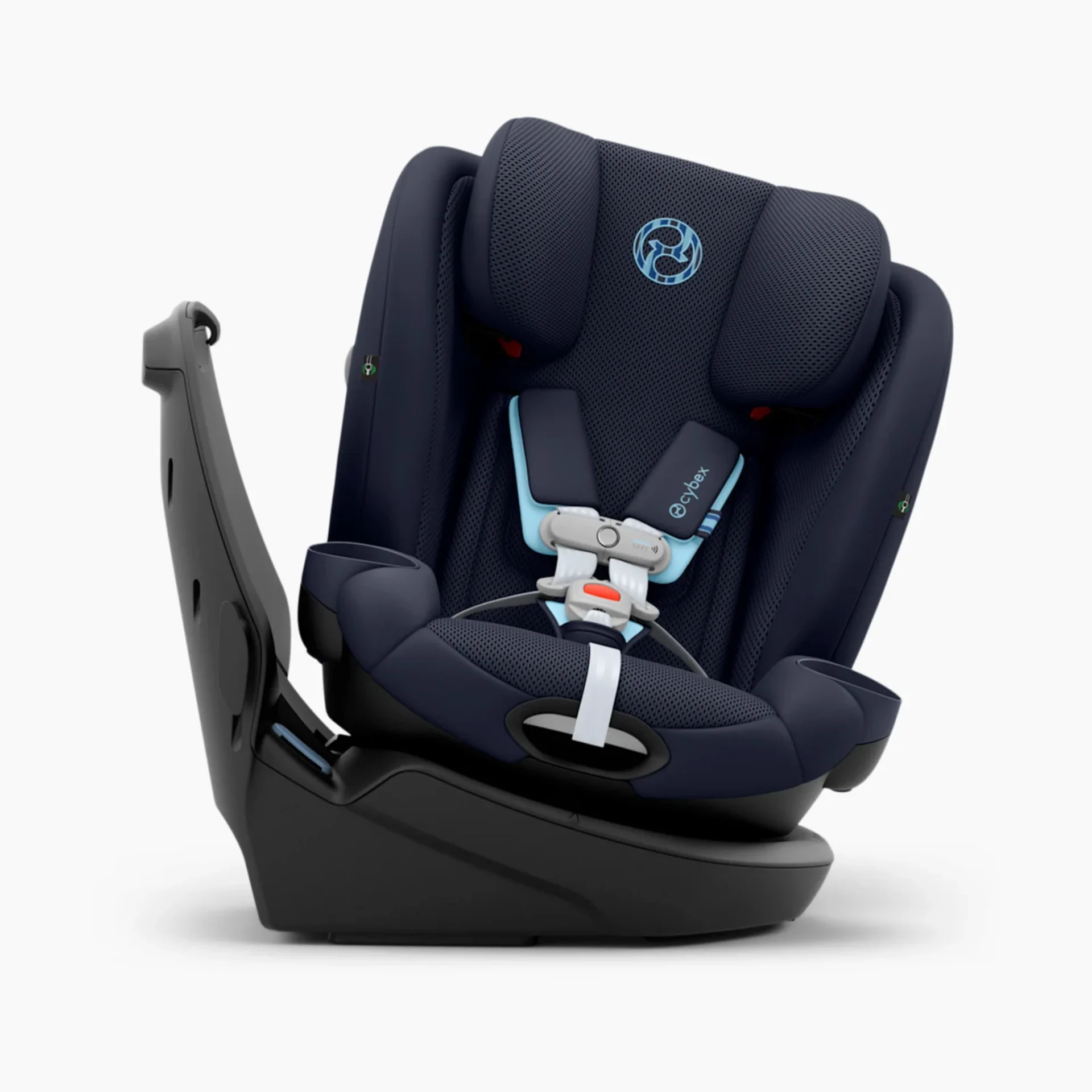 Cybex Callisto G 360 rotating convertible car seat in navy blue with 5-point harness and black swivel base on white backgroun