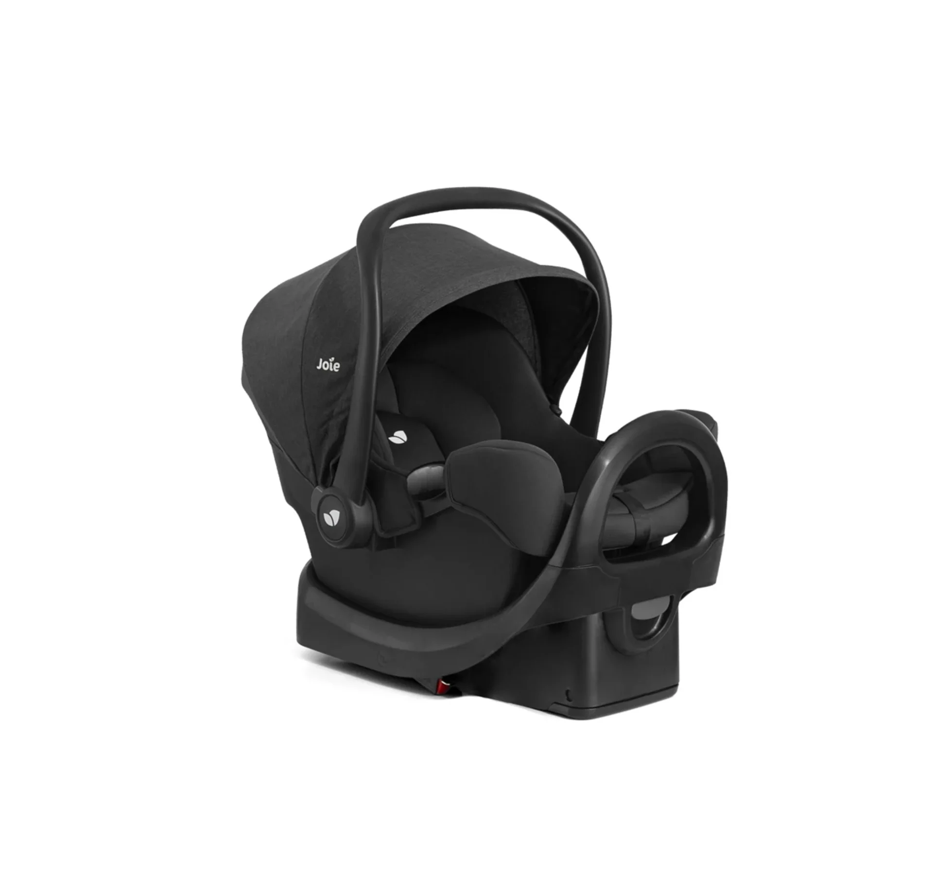 Joie Rue infant car seat in black with canopy carry handle and ISOFIX base on white background
