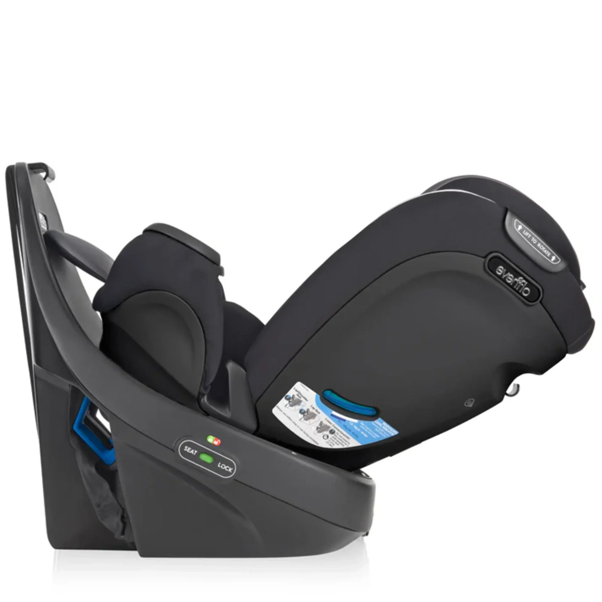 Evenflo Revolve convertible car seat in dark gray shown from the side with rotating shell lifted off base and seat lock indic