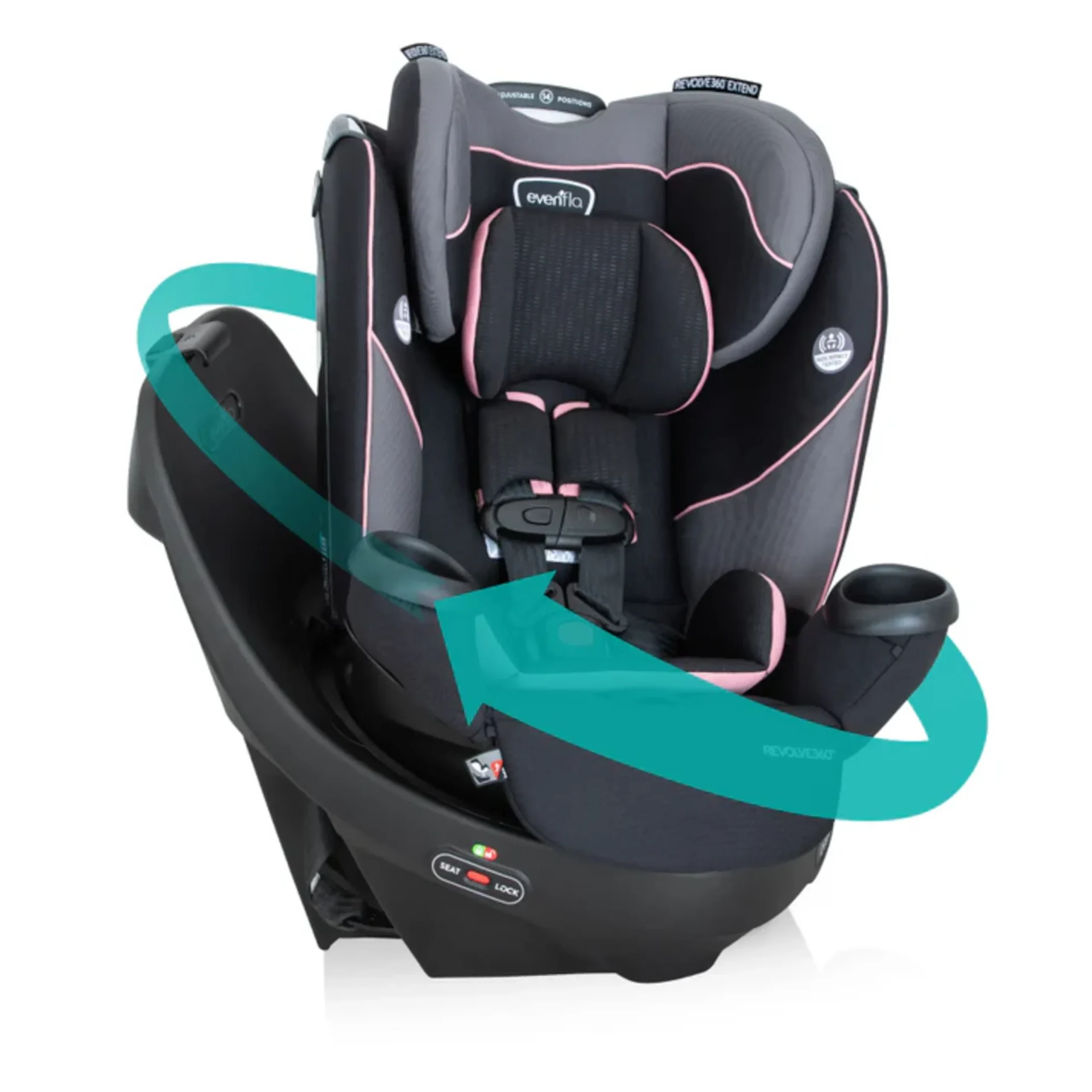 Evenflo Revolve360 Extend convertible car seat in black and pink with teal arrows showing 360-degree rotation feature