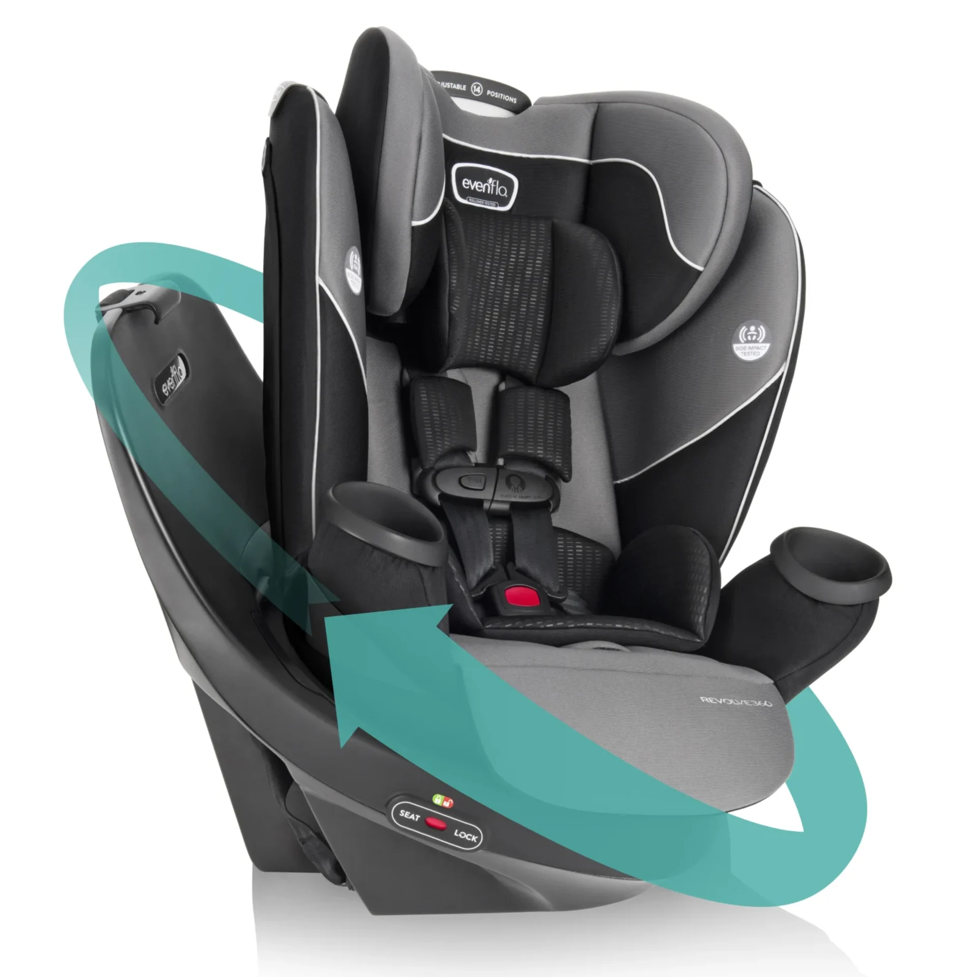 Evenflo Revolve360 convertible car seat in black and gray with teal arrows showing 360-degree rotation feature and harness bu