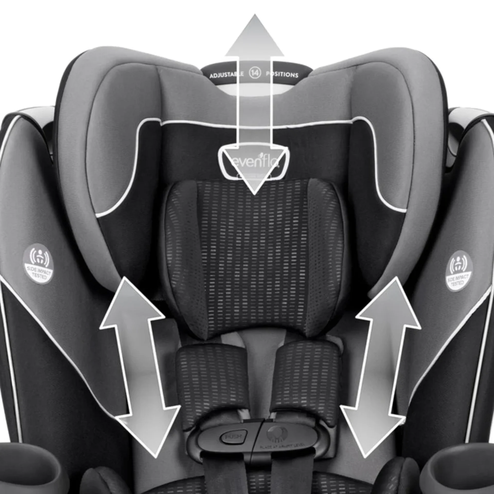 Evenflo Revolve car seat showing 14 adjustable headrest positions and side-impact tested harness with directional adjustment 