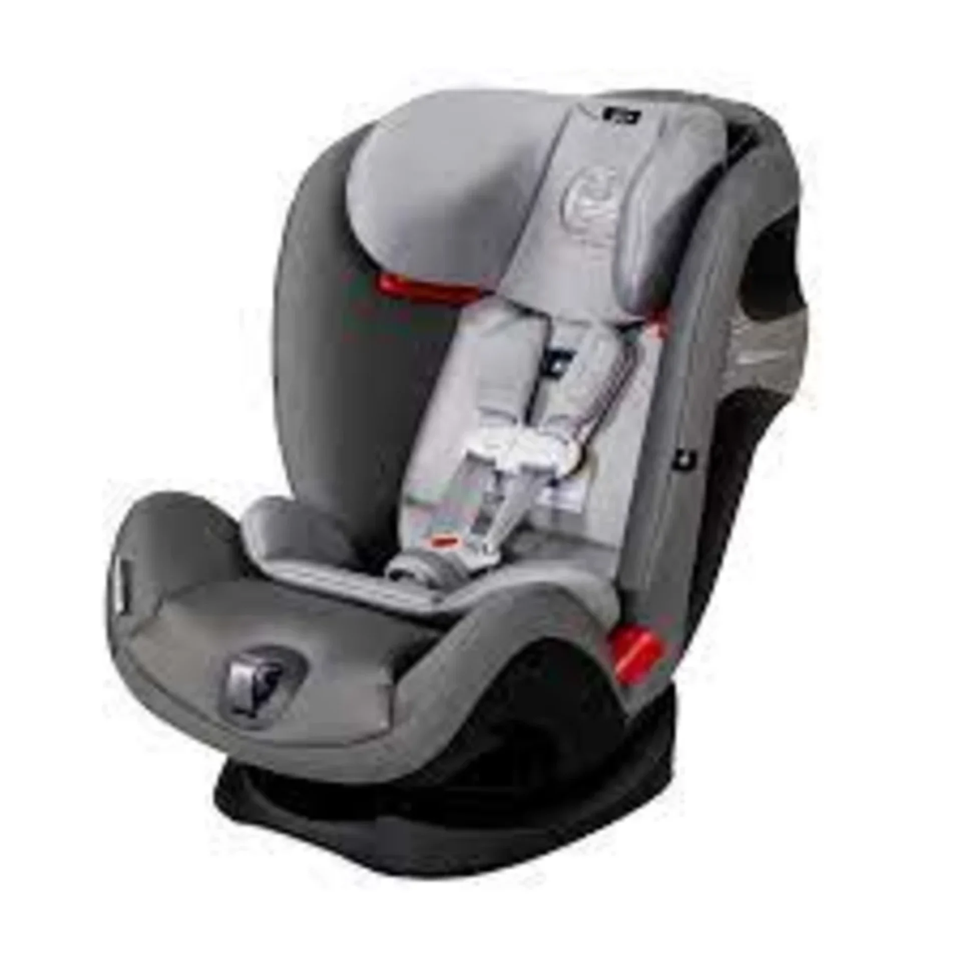 CYBEX Eternis S convertible car seat in grey with 5-point harness and red accents on white background