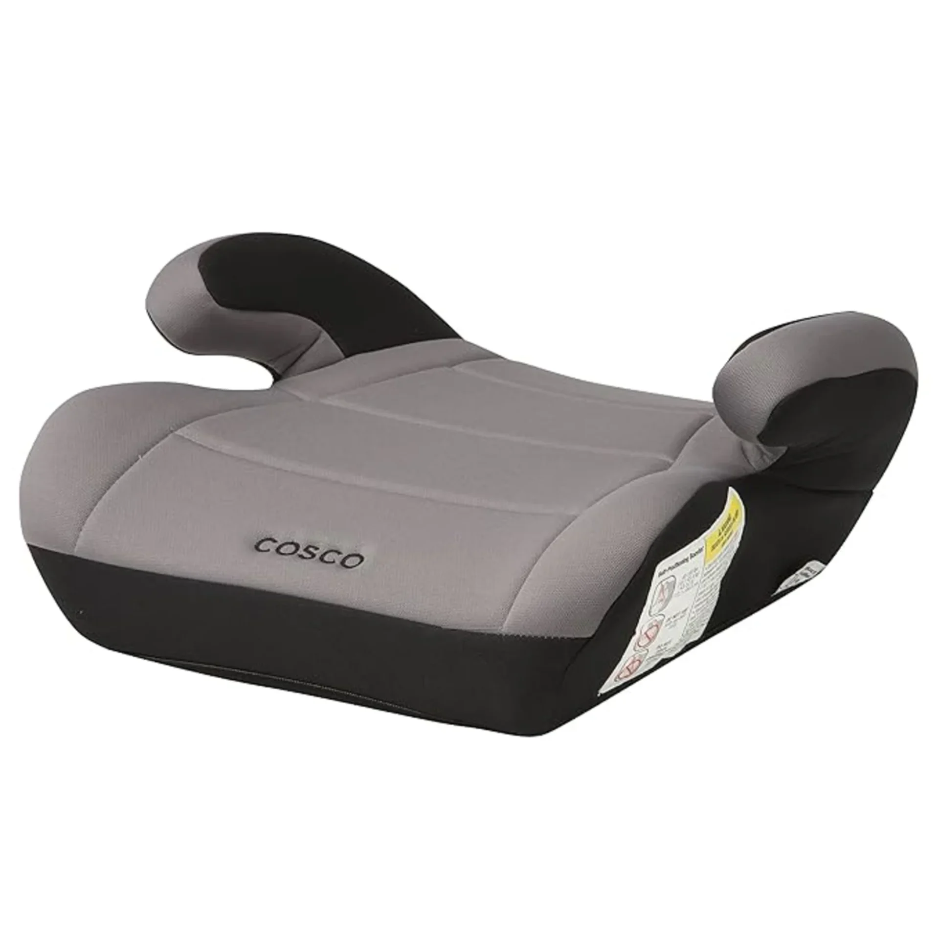 Cosco Topside backless booster car seat with gray fabric cushion and black base on white background