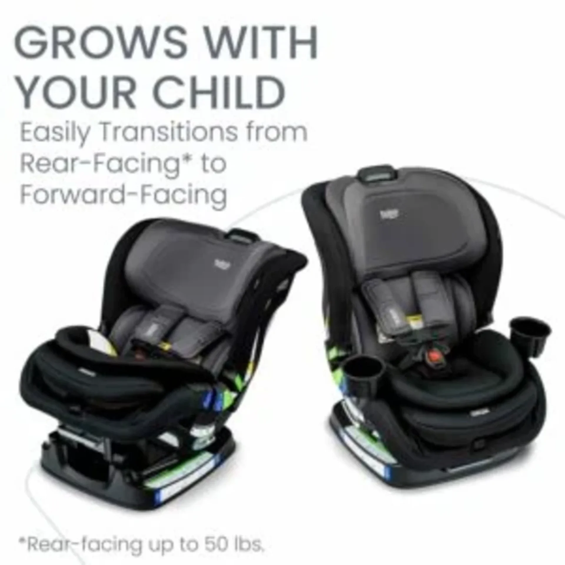 Britax Poplar convertible car seat shown in rear-facing and forward-facing positions, rear-facing up to 50 lbs