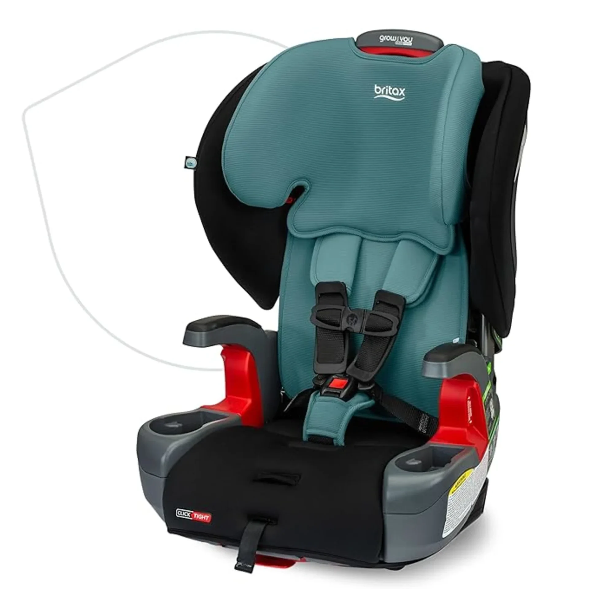 Britax Grow With You ClickTight harness-to-booster car seat in teal and black with 5-point harness and red accents