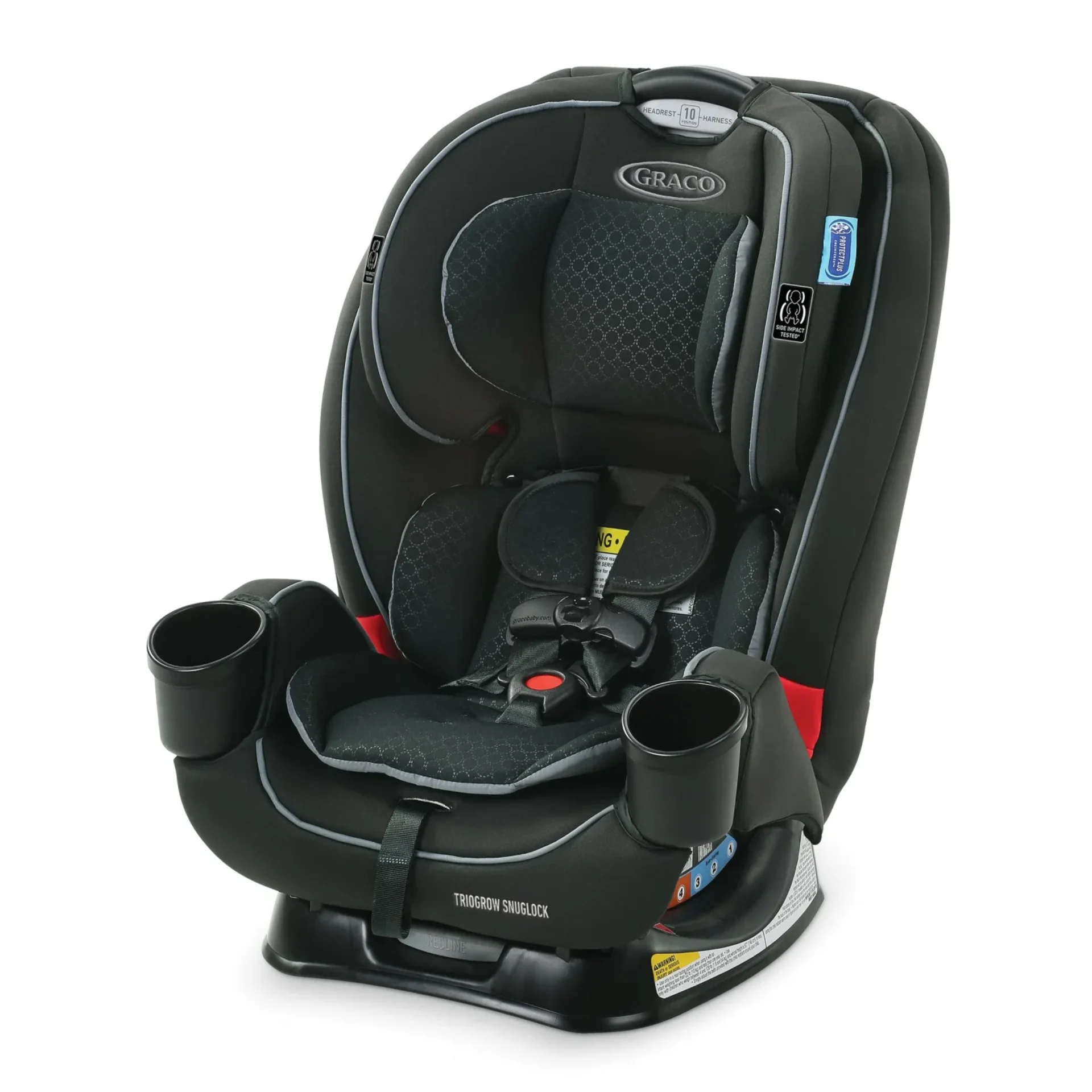 Graco TrioGrow SnugLock convertible car seat in black with grey accents featuring 5-point harness and dual cup holders