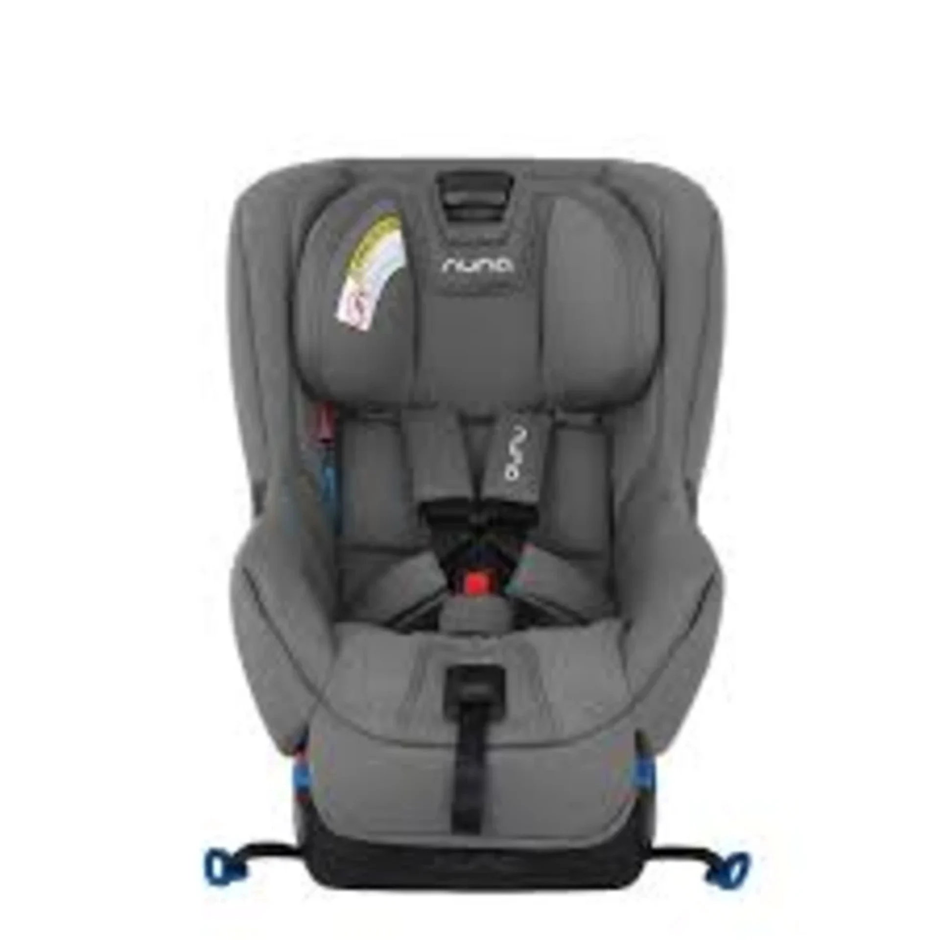 Nuna Rava convertible car seat in grey with 5-point harness and blue LATCH connectors for Canadian market