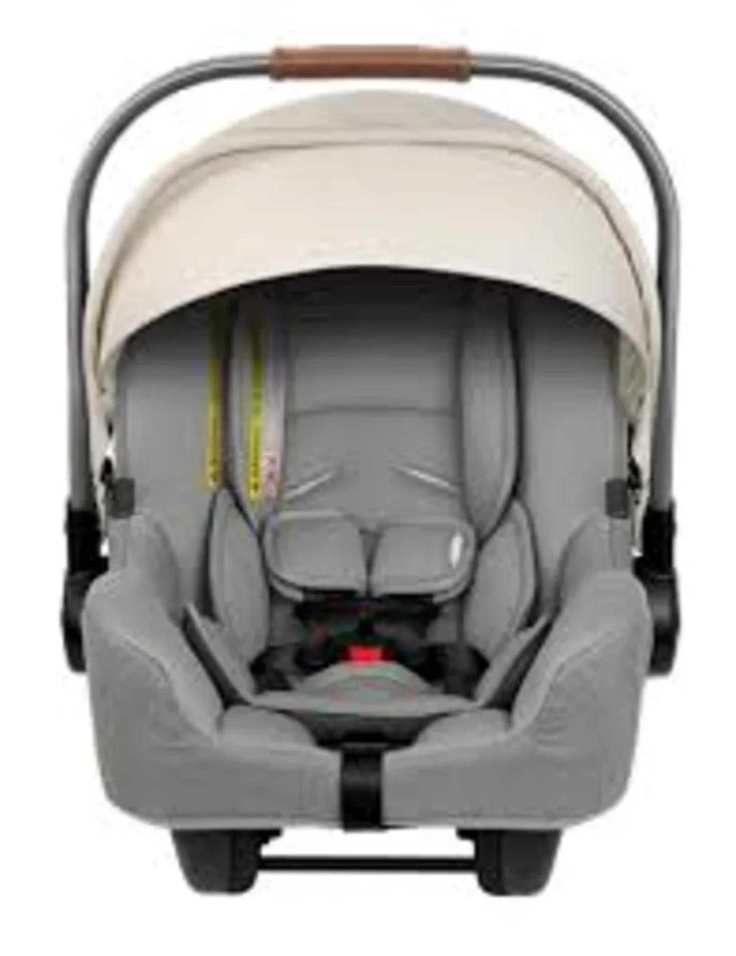 Nuna Pipa infant car seat in birch grey fabric with tan leather carry handle and five-point harness front view