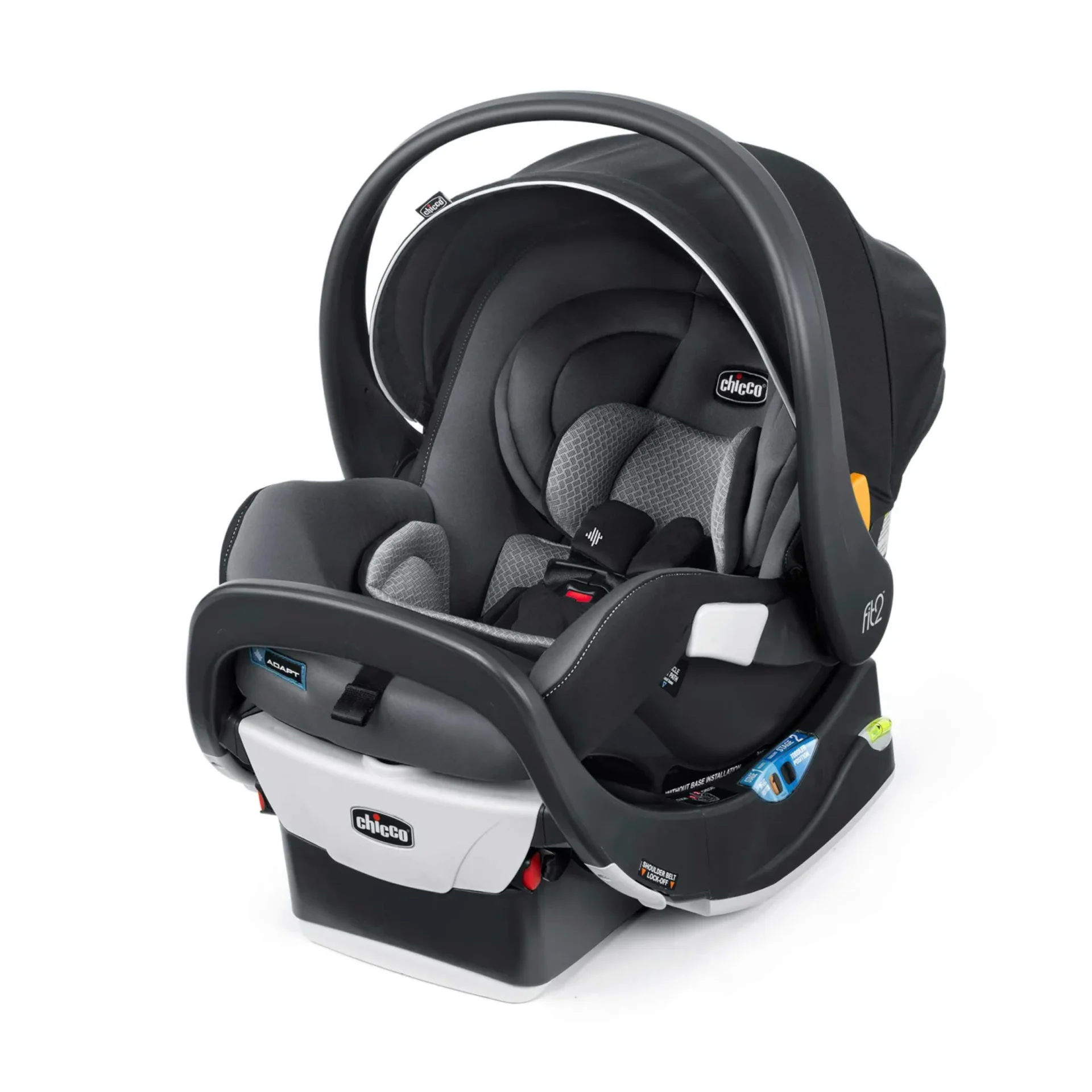 Chicco Fit2 infant car seat in black and grey with carrying handle canopy harness and detachable base on white background