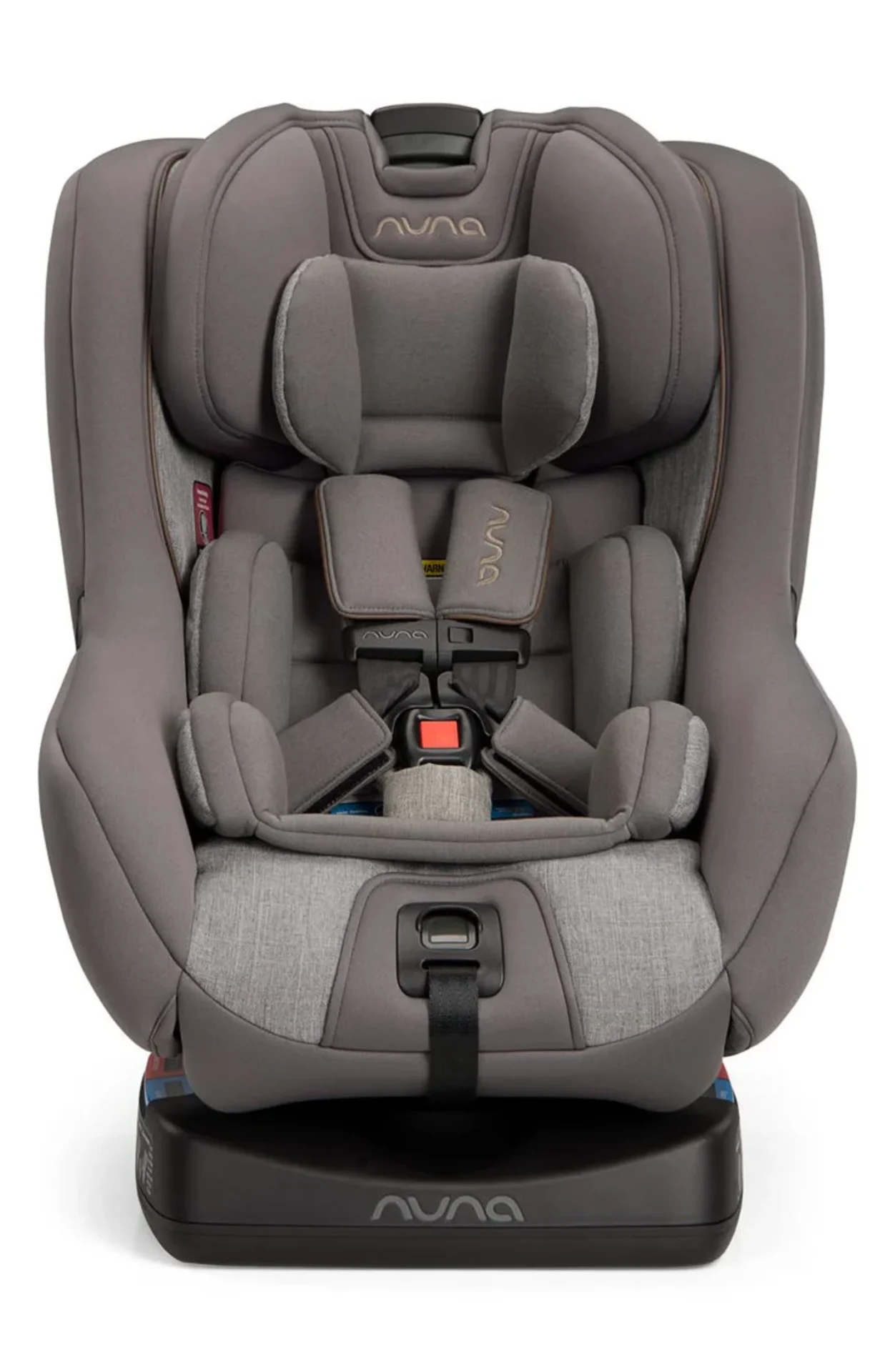 Nuna Rava convertible car seat in gray with 5-point harness padded headrest and black base